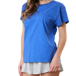 Conjunto corto de verano para mujer con cuello redondo y manga corta, con diamantes de imitación multicolor, de algodón, 2026 - Product Image 2