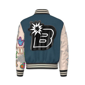 100% Cotton Men's Vintage Letterman Varsity Jacket Oversized <b>Drop</b> Shoulder <b>Stand</b> Collar Chenille Embroidery High Street Style - Product Image 2