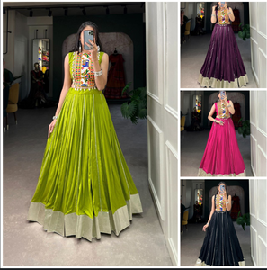 Élégant rayonne Lehenga avec 6M Flair et Gamthi Work Blouse Cowrie Lace Gota Patti Border Navratri Collection 2025 - Product Image 6