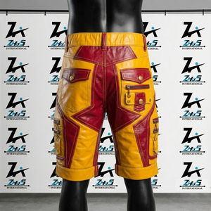 กางเกงขาสั้นหนังเทียมสีแดงเหลืองสำหรับผู้ชาย Zhus International พร้อมซิป เอวกลาง สไตล์เบอร์มิวดา กางเกงขาสั้นหนังผู้ชาย - Product Image 2