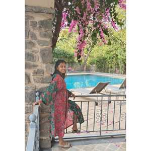 Bella Rose Half Half Babydoll Robe 3/4th Sleeves Cotton <b>Elastic</b> <b>Waist</b> Comfortable Breathable Two Front Pockets One Size Fits All - Product Image 3