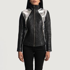 Chaqueta de motorista de piel de oveja auténtica para mujer, con cremallera, forro de viscosa acolchada, negra, metálica, para interior y exterior - Product Image 2