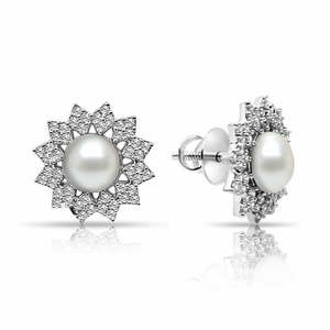 NOVAMART Fine Floral Pearl AD 18K Gold Plated Earrings Pure <b>Silver</b> <b>Stud</b> and Drop with Diamond Shell for Weddings Wholesale Expor - Product Image 2