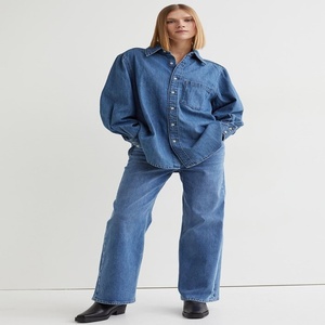 <b>Long</b> <b>Winter</b> 100% Cotton Denim <b>Jacket</b> with V-neck Zipper Closure and Chest Pockets-Unisex - Product Image 1