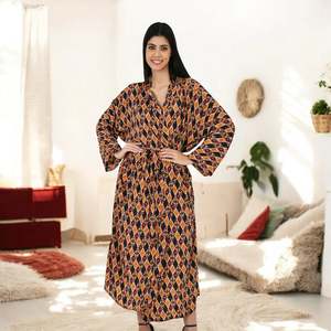 Women's Silk Sari Kimono Cami <b>Set</b> Brown Black Geometric Robe One Size Swimsuit Cover Ups - Product Image 3