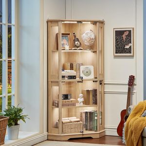 Vitrina de Esquina de Madera Estilo Rústico con Vidrio, Cerradura y Luz LED Ajustable, Exhibidor para Figuras de Acción <span class=keywords><strong>LEGO</strong></span> - Product Image 1