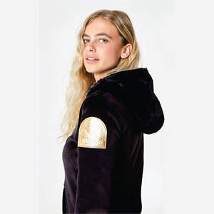 Mono ajustado de algodón de terciopelo suave para mujer, mono con cremallera unidireccional, abertura frontal, bolsillo tipo canguro, color negro, Alps, 100% poliéster - Product Image 4