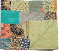 Couvre-lit traditionnel indien réversible en coton biologique fait main, imprimé Paisley Kantha patchwork multicolore