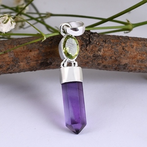 Colgante de Plata de Ley 925 con gema Natural de peridoto y amatista, joyería hecha a mano - Product Image 4