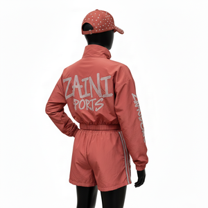 Conjunto Corto de Chaqueta Cortavientos de Poliéster de Alta Calidad para Mujer, Tela Suave, Logotipo de Transferencia de Calor de Cristal, Conjunto Corto de Chaqueta Cortavientos, Talla Grande - Product Image 5