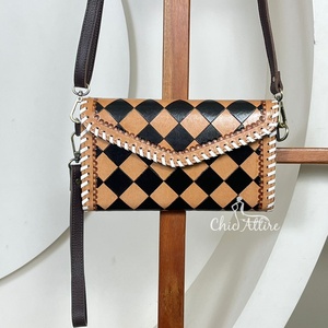 Mini Bolsos y Carteras de Cuero Vacuno Occidental para Mujer, Cartera Cruzada de Cuero a Cuadros Hecha a Mano, Bolso de Mano con Correa para la Muñeca - Product Image 1