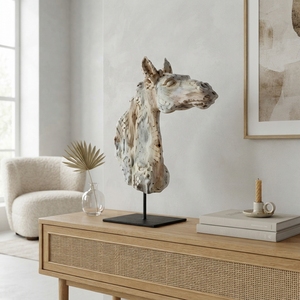 Handcrafted <b>wooden</b> horse head suge stand sculpture <b>rustic</b> teak carved equestrian statue metal base table accent decoration setup - Product Image 5