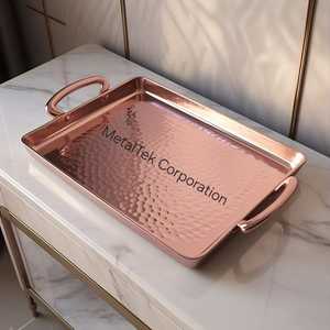 ถาดเสิร์ฟทรงสี่เหลี่ยมผืนผ้าสีโรสโกลด์ ทนทาน ดีไซน์ลายตอก หรูหรา เหมาะสำหรับโรงแรม ร้านอาหาร ของขวัญงานแต่งงาน ของตกแต่ง ถาดโลหะ - Product Image 6