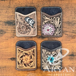 Hot Selling Women's Hand Tooled Leather Card <b>Holder</b> Western Genuine Leather Small Wallet Purple Floral Money <b>Holder</b> Card Case - Product Image 1