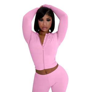 จั๊มสูทสำหรับผู้หญิงแขนเต็มสีชมพูใส่สบาย2ชิ้นชุดเล่นฟิตเนสยิมฟิตเนสยืดหยุ่นสูงโลโก้ออกแบบได้ตามต้องการ - Product Image 2