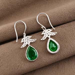 Women’s 925 Sterling Silver Bohemian Drop Earrings Geometric Pattern Green <b>Emerald</b> Bezel <b>Set</b> Handmade Dangle Earrings - Product Image 5