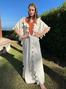 Caftán bohemio para mujer, bordado floral, Media manga, escote en V, cubierta de Playa Larga, trabajo de encaje, caftán tejido ecológico - Product Image 2