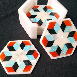 Sous-verres carrés en marbre blanc avec incrustation géométrique sous-verres en pierre faits à la main avec support boisson en marbre naturel décorative de luxe - Product Image 2