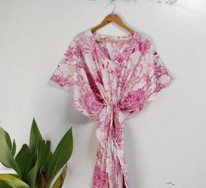 Pur coton caftan Bold Floral Bloom Print Indian Block Summer Kimono Confortable Floor-Length Maternity Beach Dress Lavable - Product Image 1