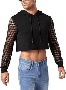 Sudadera con capucha corta para hombre de último diseño, Sudadera con capucha recortada con cordón de malla en contraste de manga larga - Product Image 3