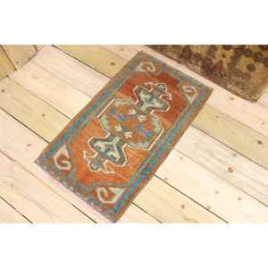 พรมตุรกีขนาดเล็ก 1.4x2.5 ฟุต สีน้ำตาล-น้ำเงินลายพราง ทำจากขนสัตว์ - Product Image 1