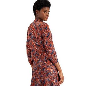 Blazer blu da donna Bar III, taglia piccola, con stampa Ikat, maniche arricciate, lunghezza a tre quarti, tessuto con decorazioni ricamate. - Product Image 2