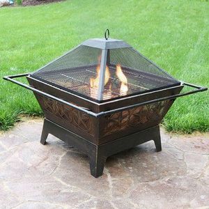Traditional wood burning iron <b>fire</b> <b>pit</b> <b>for</b> outdoor patio with weather-resistant coating and safety mesh cover - Product Image 5