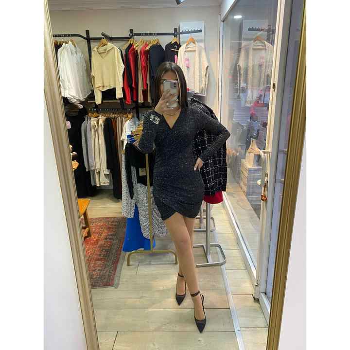 Black Double Breasted Neck Draped Lurex Dress