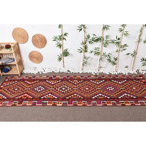 Alfombra de Lana Vintage Étnica Ecológica de Pelo Medio para Áreas Grandes, Diseño de Patchwork Rojo Naranja, Rectangular 9x12, para Entrada, Dormitorio, Pasillo - Product Image 2