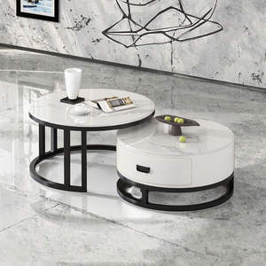Coffee <b>Table</b> Round Marble Top Metal Frame Nesting <b>Side</b> <b>Table</b> <b>With</b> <b>Storage</b> Drawer <b>For</b> <b>Living</b> <b>Room</b> Home Hotel Office Decor ModernX - Product Image 4