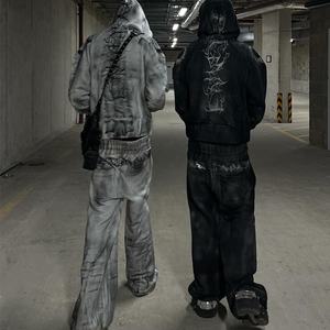 Custom Streetwear Heavy 500g Sudadera con capucha Pantalones de chándal Chándal Estampado gráfico Vintage Sweat suit Dirty Wash Oversized Jogger Sets Hombres - Product Image 4