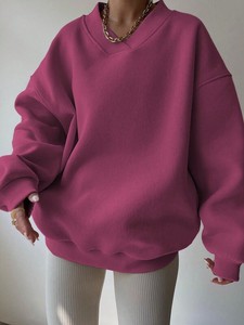 Rose col en V surdimensionné sweat femmes épais coton polaire pull coupe ample goutte épaule décontracté hiver Streetwear Logo personnalisé - Product Image 6