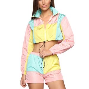 High Quality Breathable <b>Lace</b> Women's Summer Two-Piece Windbreaker Shorts Set Color Block Design <b>Elastic</b> Waist - Product Image 3