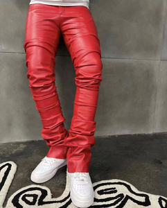 OEM logo personnalisé pantalon de survêtement hiver empilés Slim Fit en cuir Pu moto mince Streetwear empilés Flare pantalon en faux cuir - Product Image 6