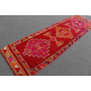 Alfombra Turca de 2.9x9.9 pies, Alfombra de Lana Roja con Diseño Floral Vintage Herki - Product Image 2