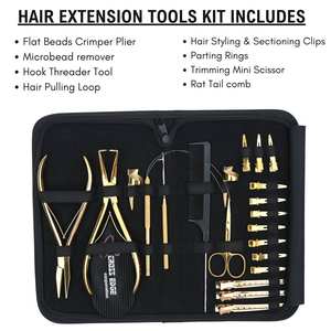 Kit d'outils professionnel pour extensions capillaires Salon Gold avec pince à sertir les perles, pince à ouvrir les perles, enfileur, boucle, peigne à micro-anneaux et pinces à cheveux - Product Image 2