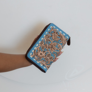 Cartera de cuero de vaca hecha a mano con vaquera occidental turquesa, tarjetero de cuero genuino de alta calidad, bolso de mano con cremallera para mujer - Product Image 5