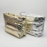 Pochette de maquillage en tissu matelassé argenté métallisé, pochette cosmétique brillante, ultra légère, organiseur de toilette de voyage, grande capacité