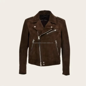Veste en cuir véritable pour homme et femme en daim marron, col montant, style motard, matelassée, imperméable, chaude, pour l'hiver - Product Image 1
