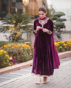 Wine and Blue Velvet Anarkali Gown With Palazzo and Dupatta Sequins & Embroidery Work for Party Wedding Sangeet Events - Product Image 6
