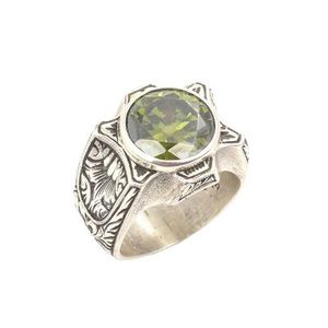 Anillo de Plata de Ley 925 para Hombre con Piedra de Peridoto de Corte Ovalado Redondo, Diseño de Pluma, Baño de Rodio, Estilo Hip-Hop para Uso Diario - Product Image 1