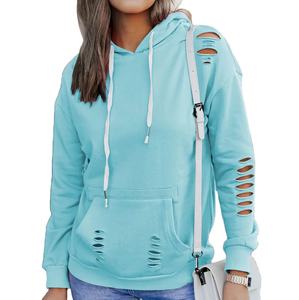 Fabricante Streetwear Sudadera con capucha desgastada transpirable color azul sólido personalizado mujeres sudaderas con capucha desgastadas - Product Image 1