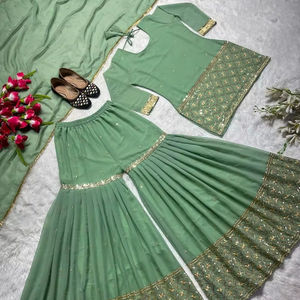 Faux Georgette Heavy bordado secuencia trabajo con manga completa Latkan Dori Top y Sharara Palazzo con borde de encaje Dupatta - Product Image 1