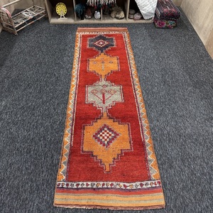Turkish Rug, Small 3.1x10 ft Vintage Rug, <b>Red</b> Orange Geometric <b>Wool</b> Rug - Product Image 1