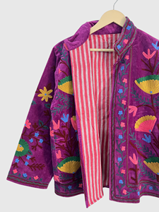 Veste en velours violet brodée de fleurs, col mandarin, manches longues, broderie à la main, vêtements d'automne pour femmes - Product Image 5