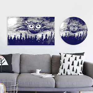 Arte en lienzo de búho azul marino: Impresión de paisaje de pino - Diseño moderno en vidrio, arte en vidrio templado - Product Image 1