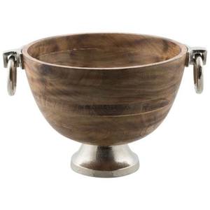 Cuenco de forma redonda hecho de madera de acacia con base de metal resistente pulido brillante plateado y asas para un mejor agarre al precio más bajo - Product Image 1