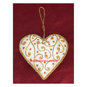 Beautiful Handmade <b>White</b> Color Heart Shape Design Zari Embroidery With Beaded Work <b>Christmas</b> <b>Tree</b> Decorative Hanging Ornament - Product Image 1