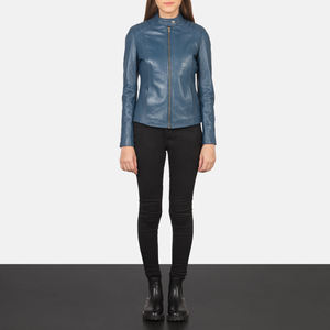 Veste en cuir véritable bleue pour femmes, col montant, fermeture éclair, épaulettes, coupe ajustée élégante, vêtements d'extérieur - Product Image 4