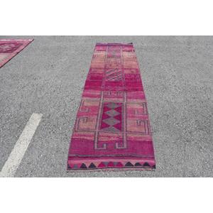 Turkish <b>Runner</b> <b>Rug</b> 2.8x10.4 ft, Pink Striped Vintage Wool <b>Rug</b> - Product Image 1
